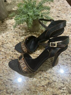 FENDI Zucca FF Logo Canvas High Heel Ankle Strap Sandals with Gold Buckle 39.5